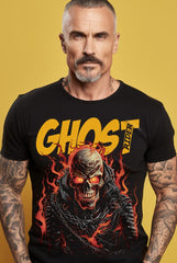 Espectacular camiseta de motero Ghost Rider, inspirada en el personaje de comic el motorista fantasma. Ideal para los que buscan camisetas de moteros o qué regalar a motero